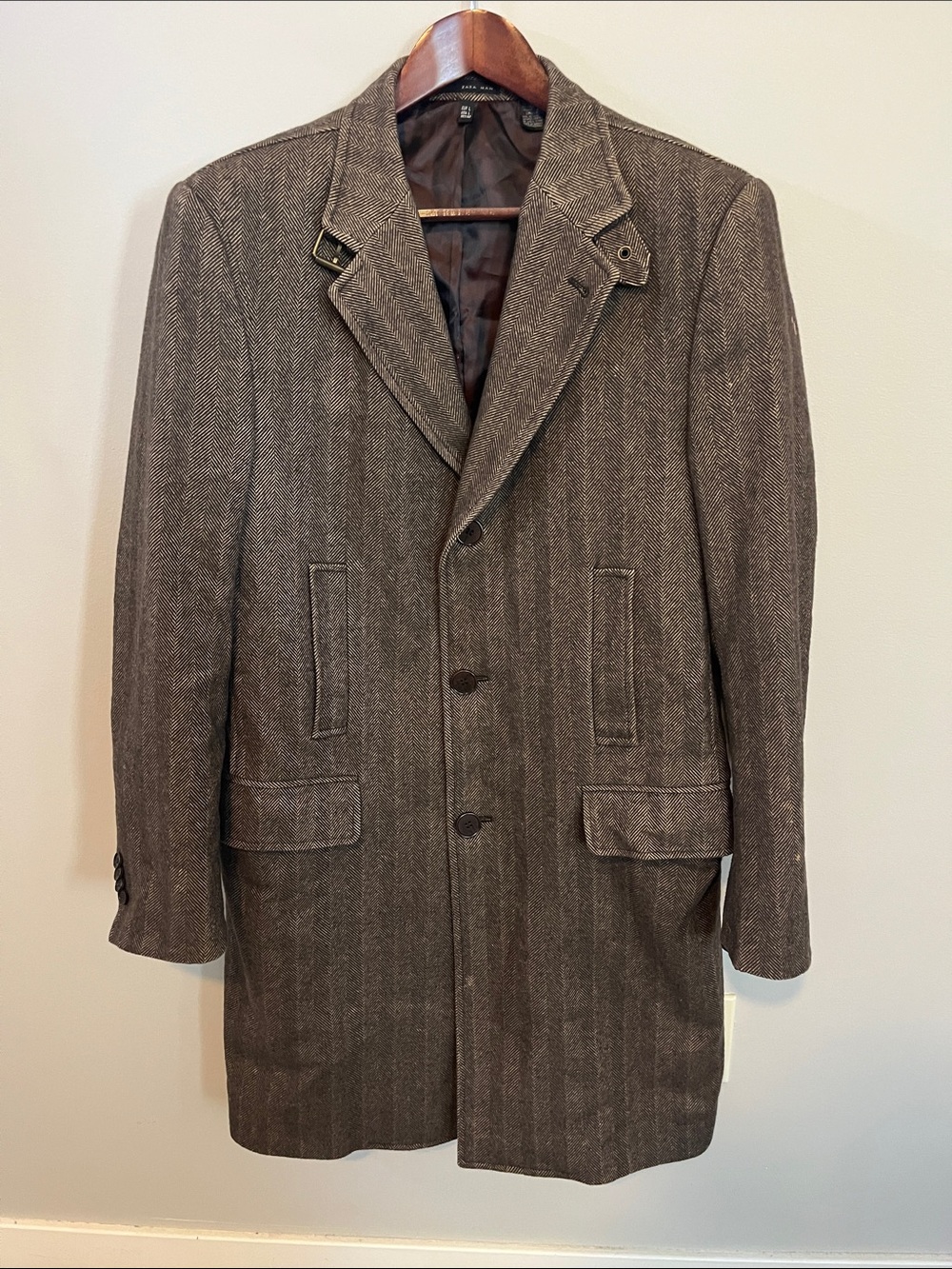 Zara Men's Brown Herringbone Pea Coat